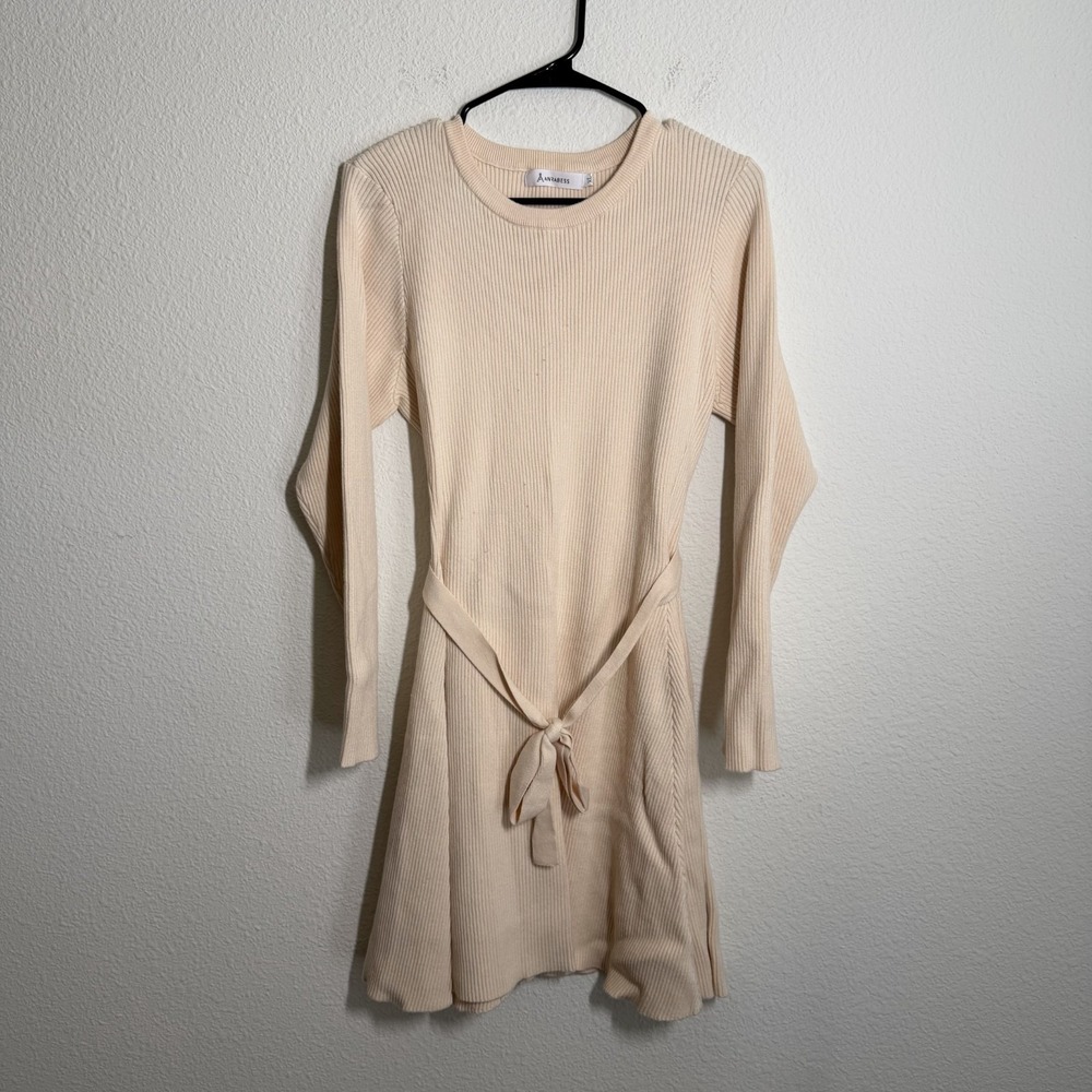 Anrabess A Line Sweater Dress Womens XL Beige Tie Waist Ribbed Knit Flowy Hem